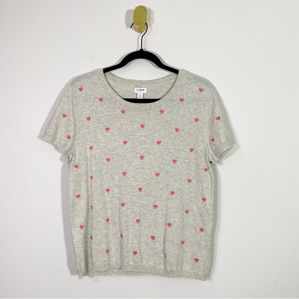 J. Crew Factory Gray Cotton Knit Pink Heart Short Sleeve Crewneck Tee Shirt